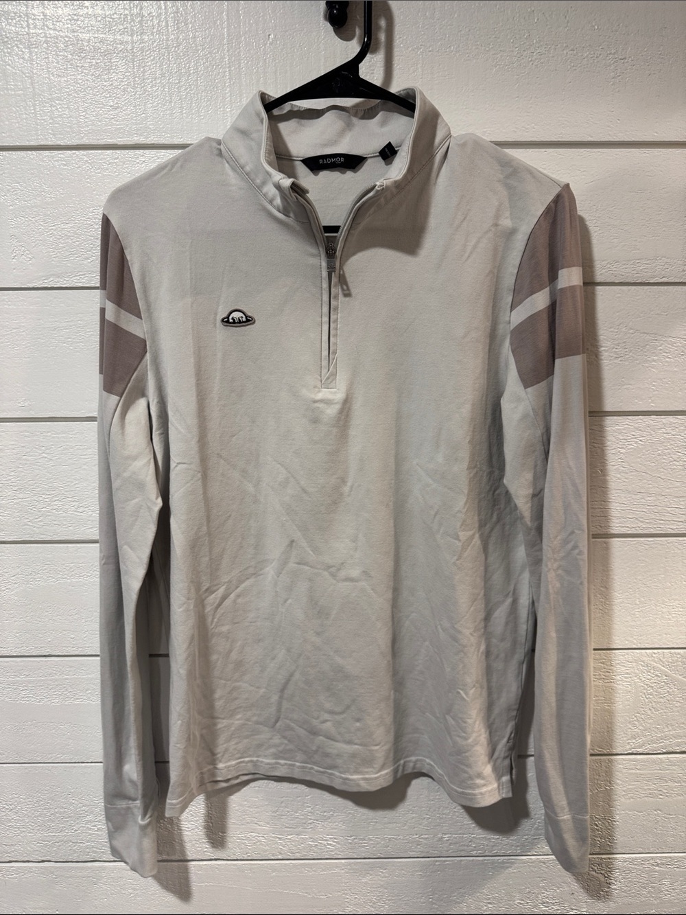 RADMOR Light Gray Golf Quarter-Zip Pullover with Taupe Sleeve Panels- MENS XS